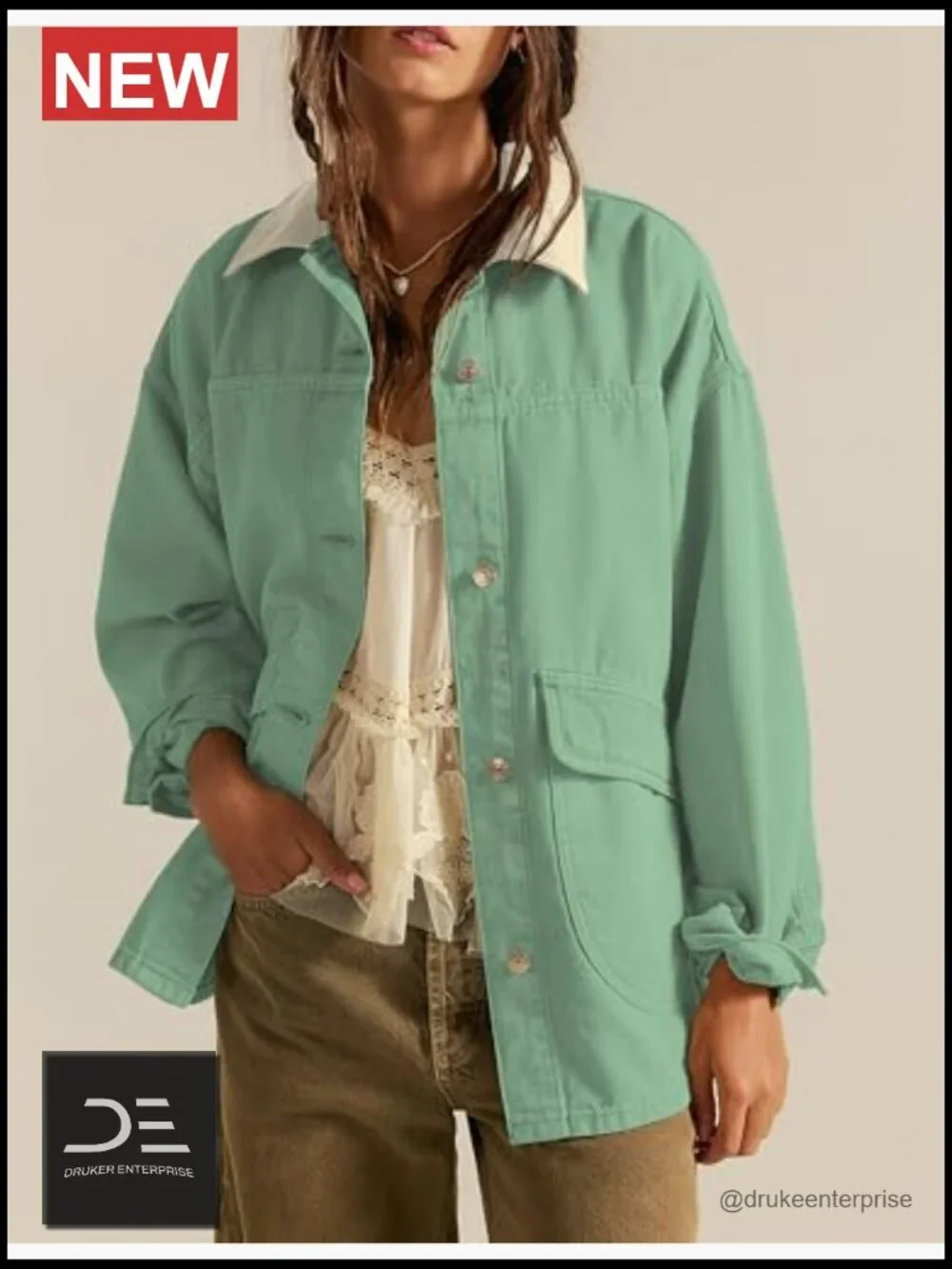 Oversized Denim Jacket with Contrast Trim Long Sleeve Button Down Jean Coat